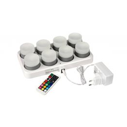 S�prava LED svie�ok MINI s mo�nos�ou nab�jania, viacfarebn�. Doba nab�jania 8 hod�n, doba svitu 13 hod�n s� dostupn� s jednou nab�jacou jednotkou a 1x univ.adapt�r, 1x dia�kov� ovl�danie.